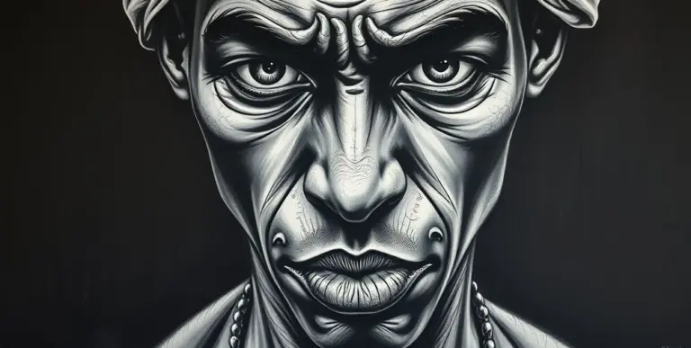 Charcoal portrait of a Hausa person, tilted head, intense gaze.