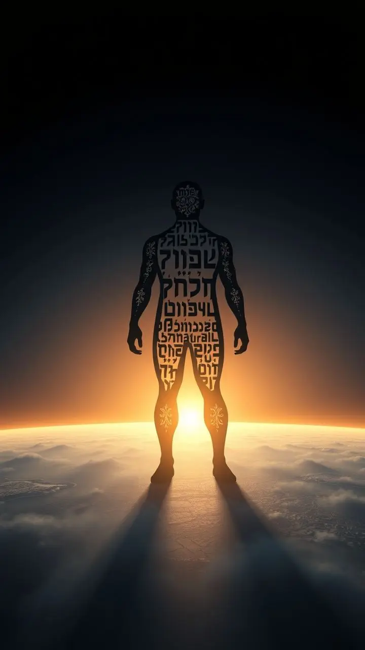 Figure made of Hebrew script symbolizing intergenerational equity on a horizon.
