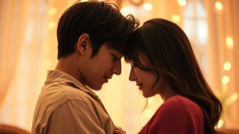 Two people, SH and W, share a close, romantic moment with heads together.