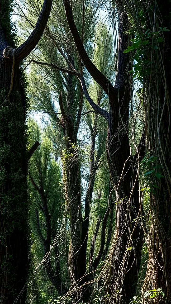 Detailed cypress trees with vines and threads.