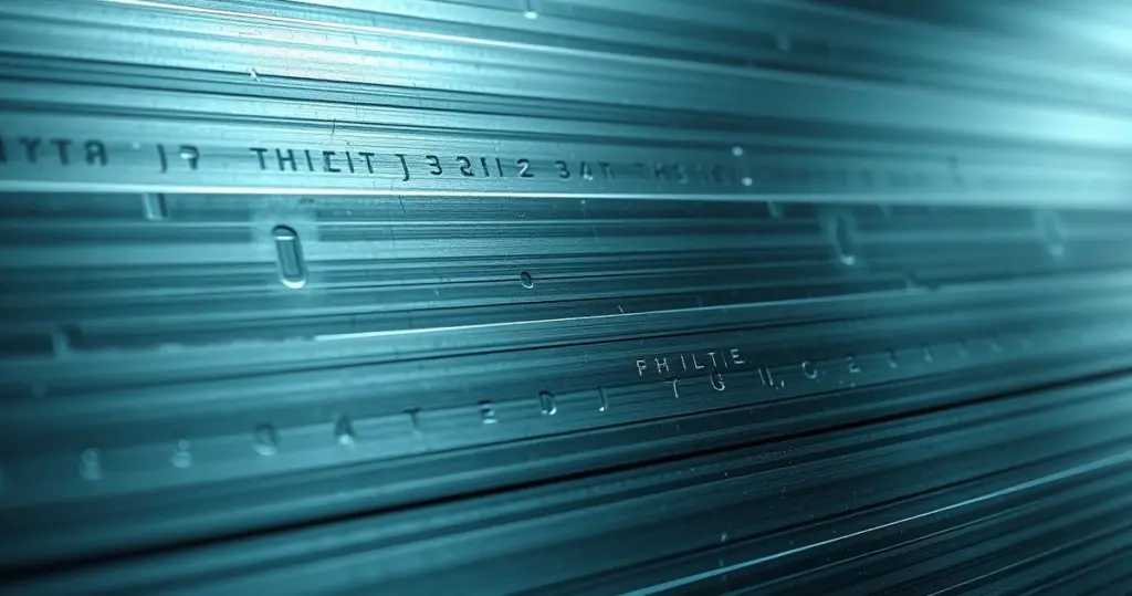 Close-up of layered metal surface with fine engravings.