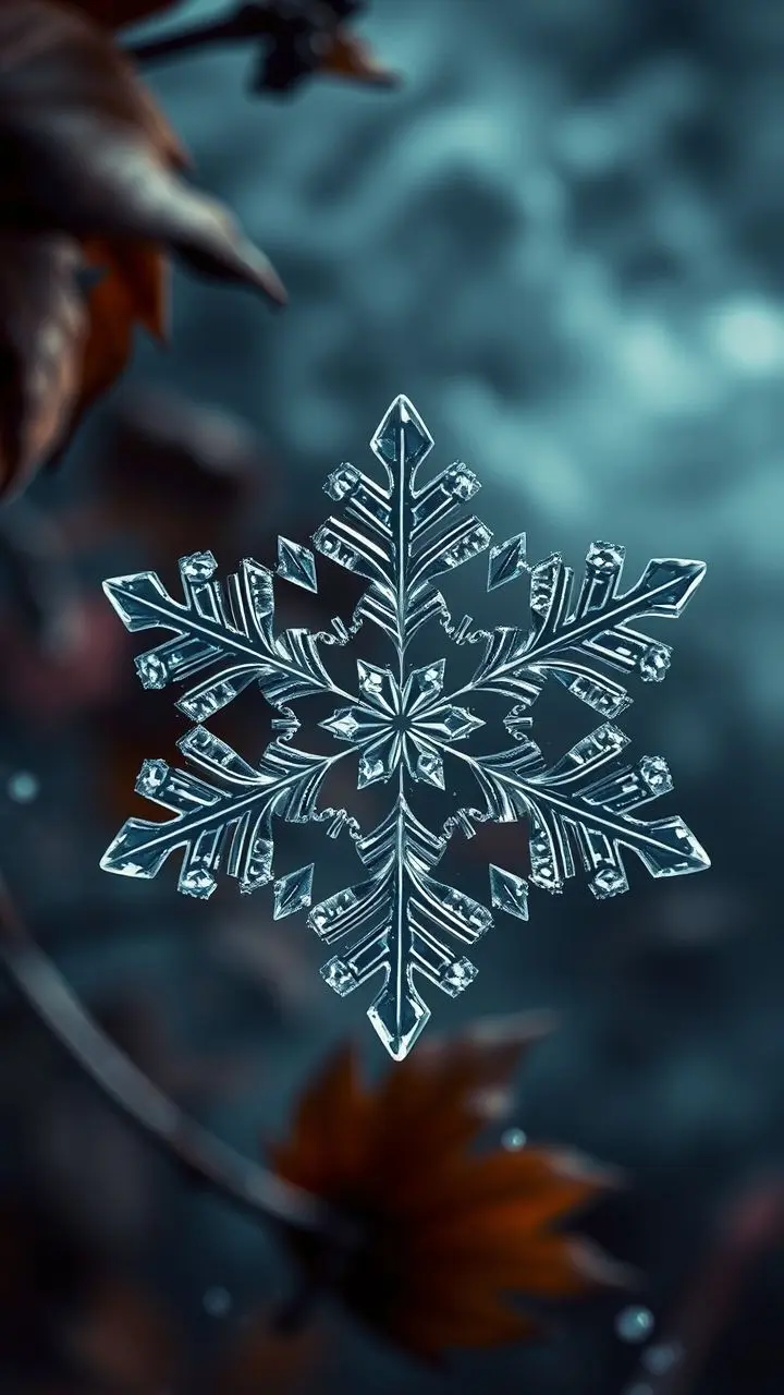 Macro view of a snowflake with smoky leaves and mist, in an inverted retrofuturistic style.