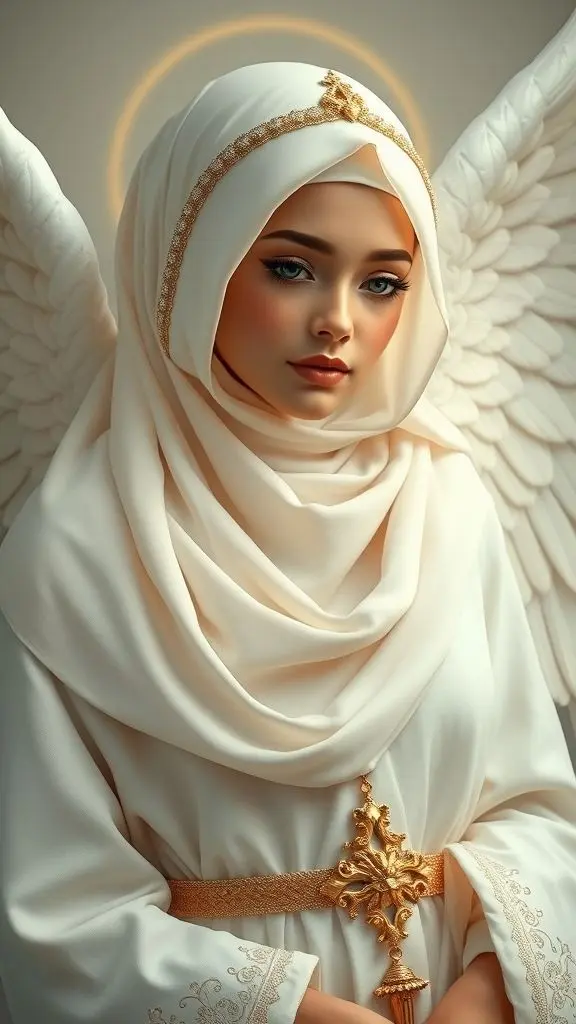 Realistic Islamic angel in a white dress with gold details and hijab.