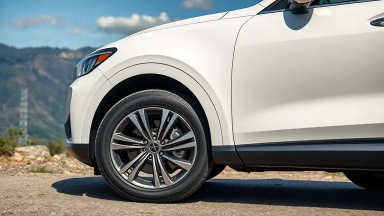 White JAC S5 SUV front wheel and alloy rim with mountains.