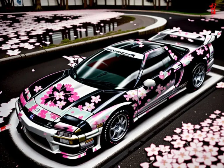 White Honda NSX Gen 1 with cherry blossom stickers.