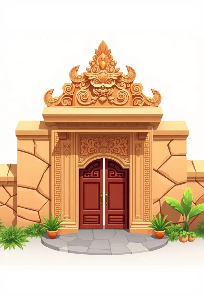 2D isometric view of a warm beige stone Javanese gate with traditional carvings.