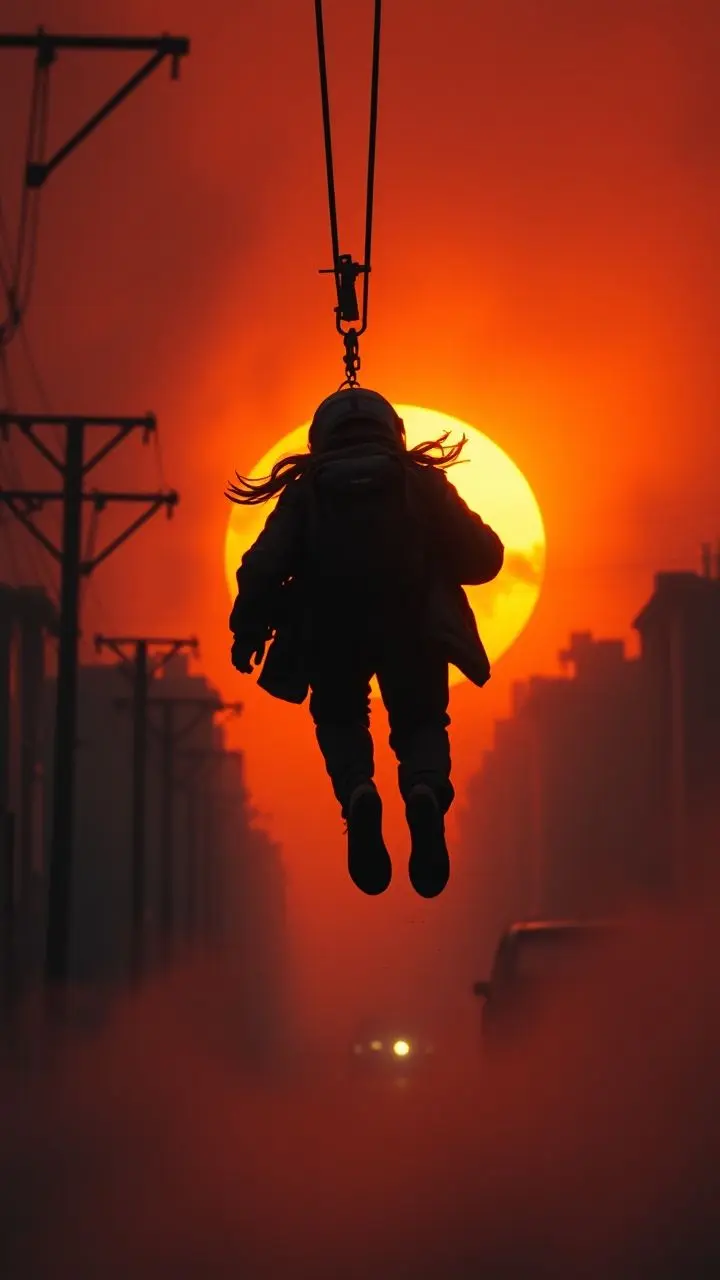 Scene of Jenny on a rescue mission during a smoggy orange sunset, with dramatic lighting and a fourth wall break.