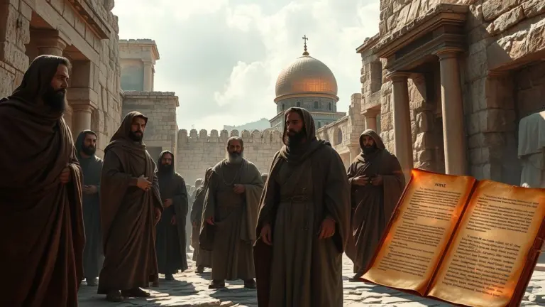 Ancient Jerusalem scene with historical texts and modern news headlines.