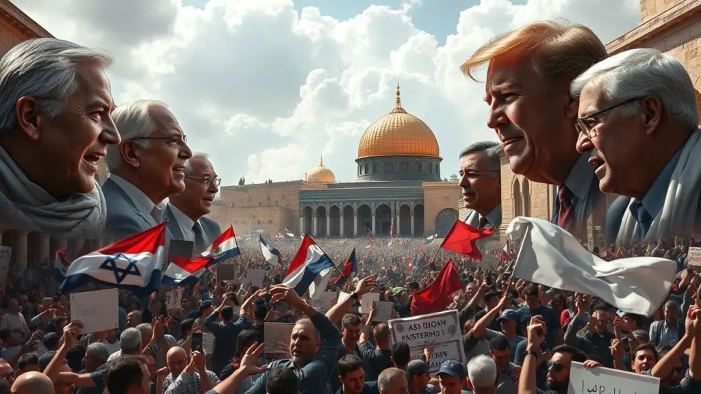 Protests in Jerusalem with world leaders' faces in the clouds.