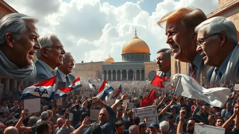 Protests in Jerusalem with world leaders' faces in the clouds.