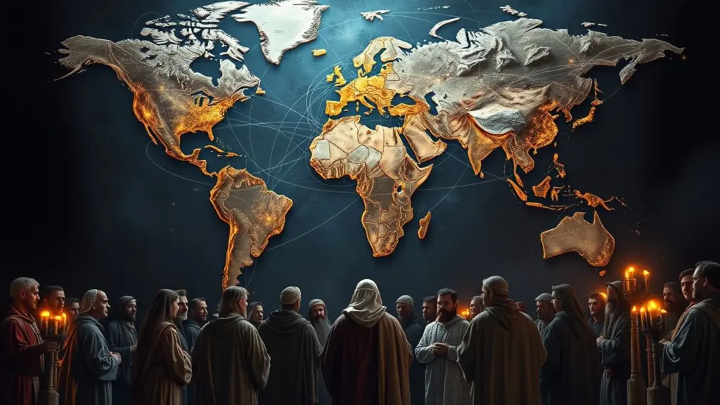 World map with luminous lines pointing to Jerusalem, surrounded by biblical characters.