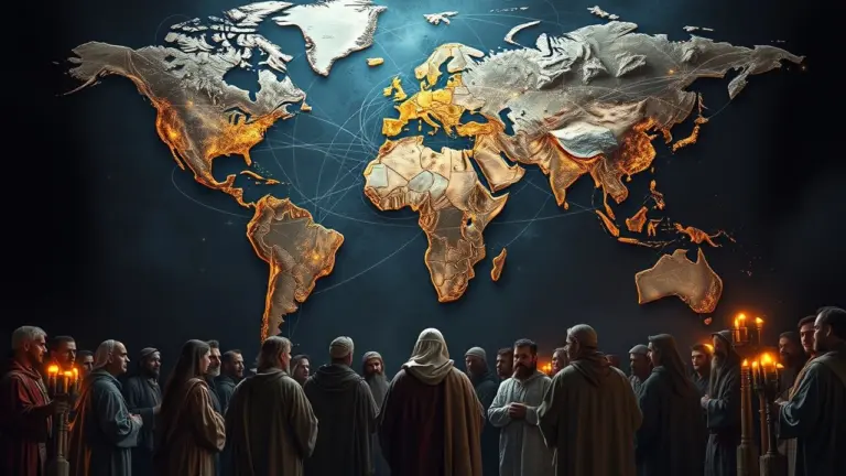 World map with luminous lines pointing to Jerusalem, surrounded by biblical characters.