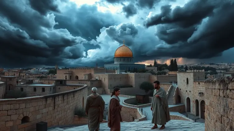 Panoramic view of Jerusalem at dusk with the Dome of the Rock under a stormy sky and biblical characters in the foreground.