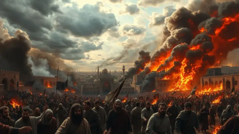 Panoramic view of ancient Jerusalem engulfed in fire and smoke, with crowds rioting.