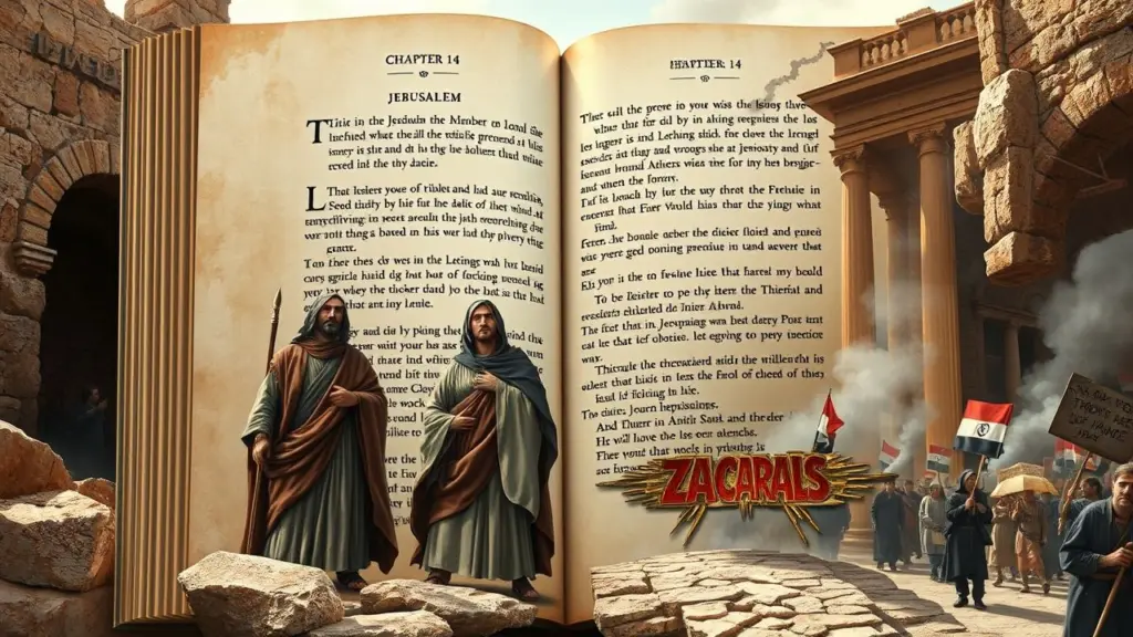 Illuminated biblical page showing ancient Jerusalem and modern protest scenes.