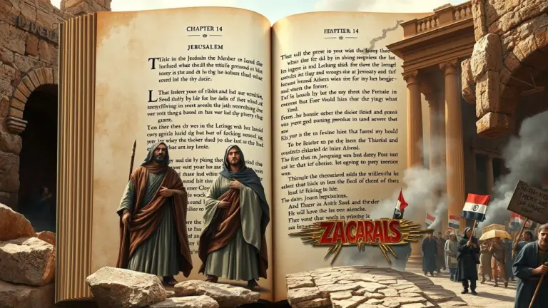 Illuminated biblical page showing ancient Jerusalem and modern protest scenes.