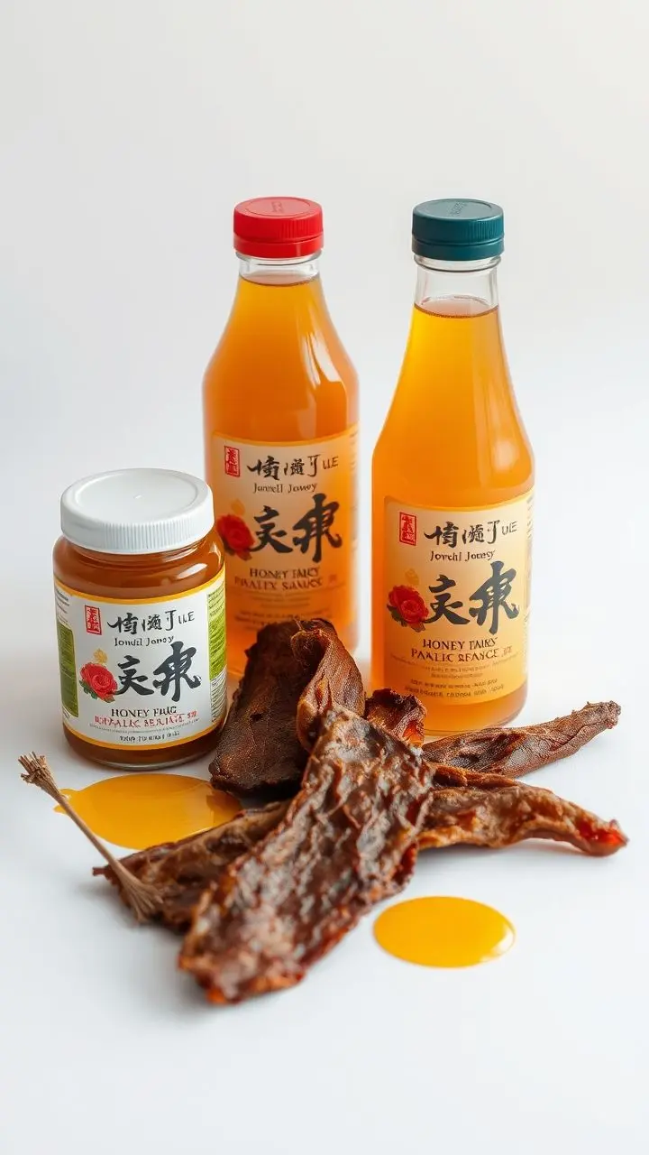 Still life arrangement of honey, juice, and pork jerky on a white background.