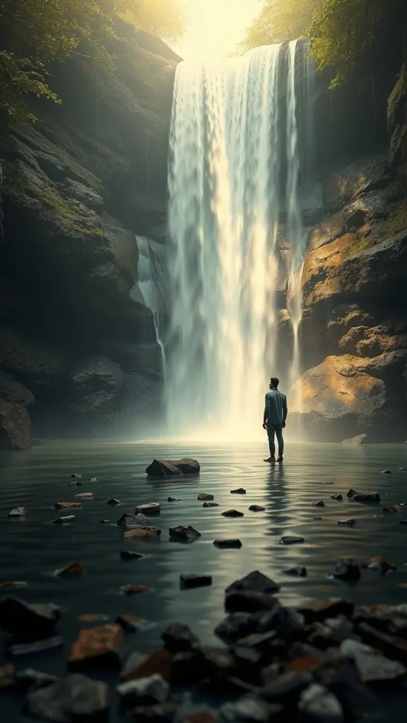Surreal image of Jose contemplating adaptation finance near a waterfall.