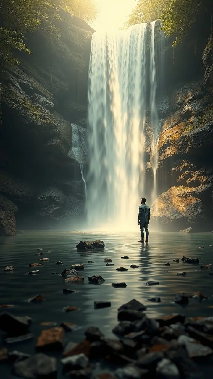 Surreal image of Jose contemplating adaptation finance near a waterfall.