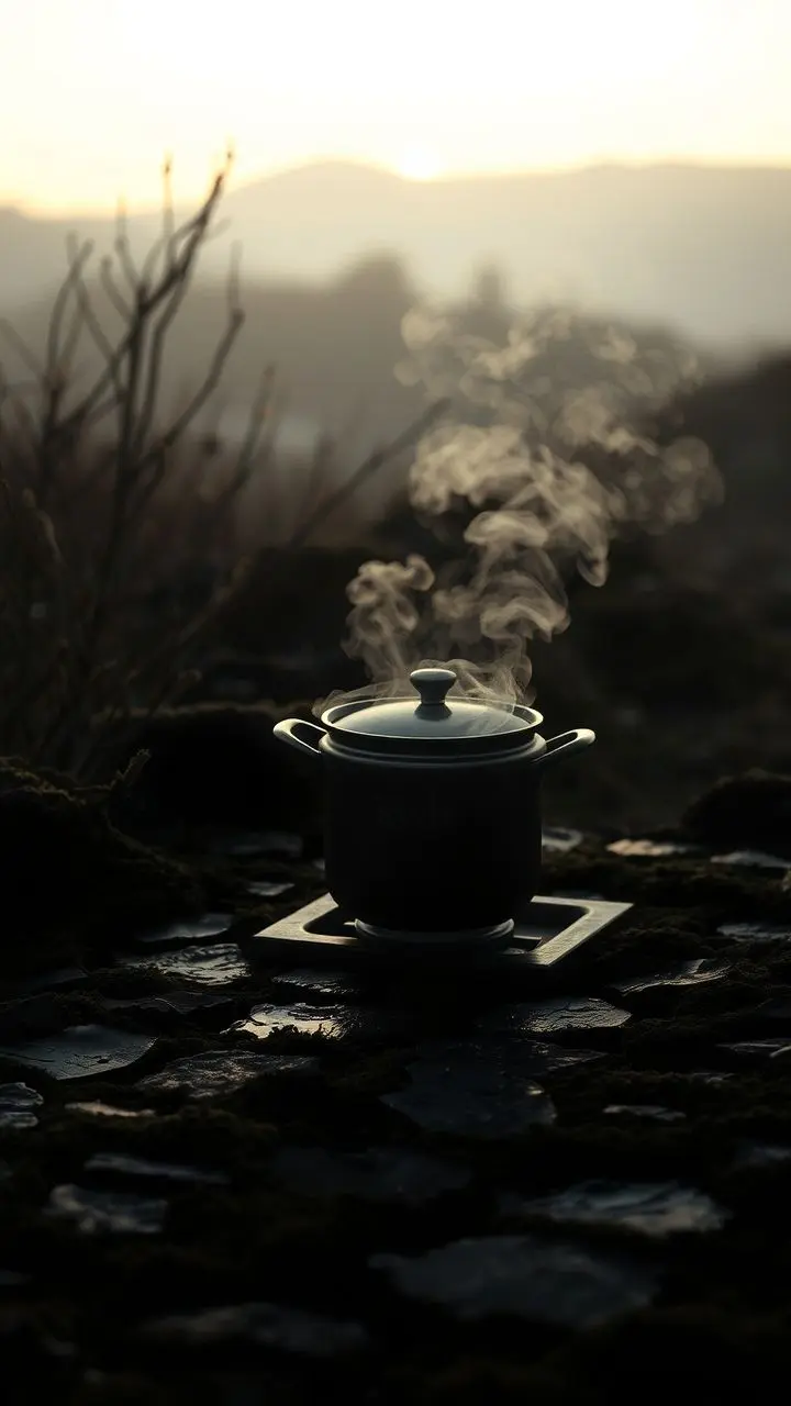 A steaming hot pot on moss-covered pavement at dawn, with the name Josh subtly integrated into the black landscape, evoking futuristic nostalgia.