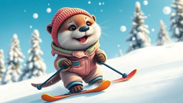Baby otter skiing with a happy expression.
