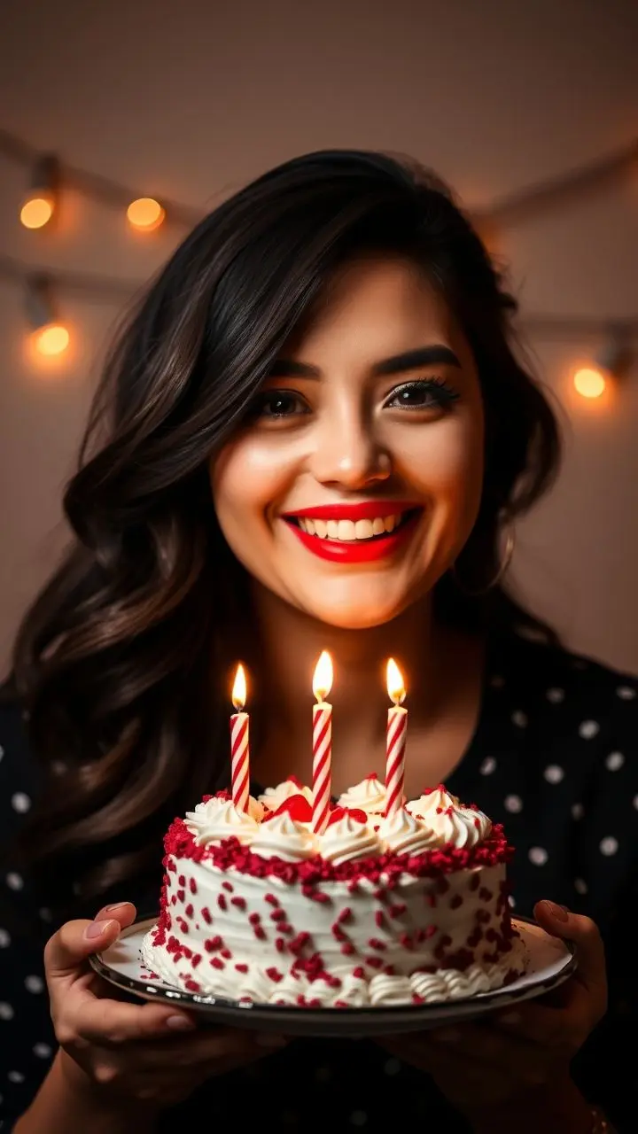 Smiling woman with red lipstick and birthday cake.