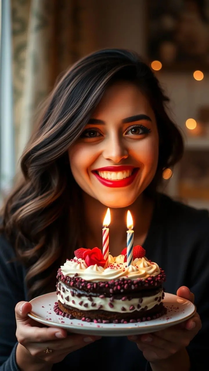 Smiling woman with red lipstick and birthday cake