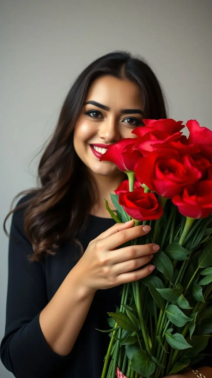 Smiling woman with red lipstick holding red flowers.
