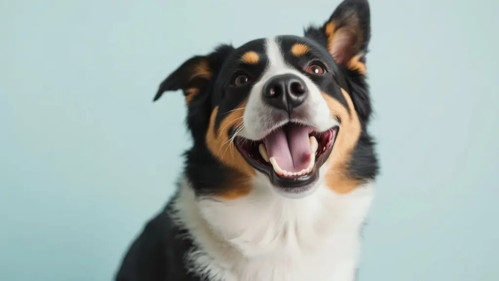 A dog laughing with its tongue out.
