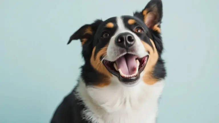 A dog laughing with its tongue out.