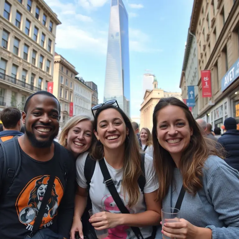 Happy people walking in a city.
