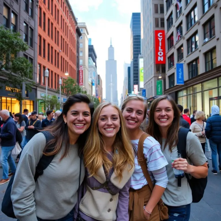 Happy people walking in the city.