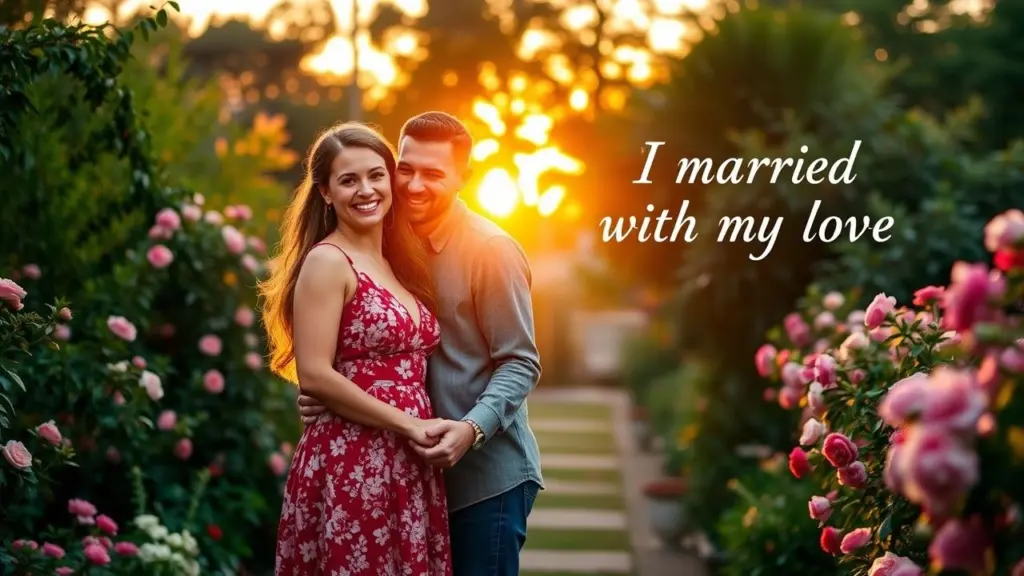 Couple holding hands in garden at sunset