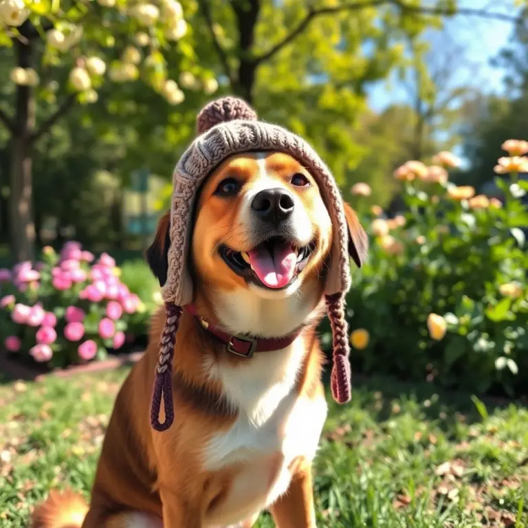 Dog in a knit hat in a park.