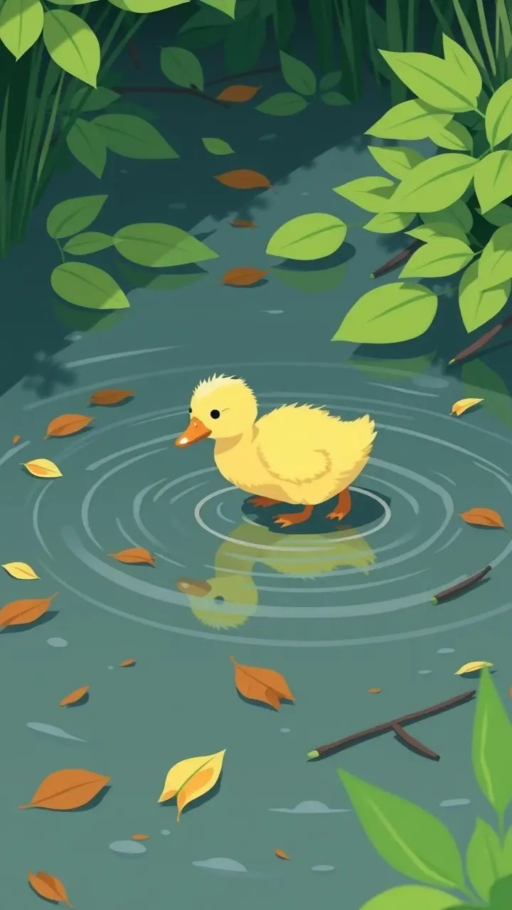 Minimalist illustration of a happy duckling in a pond with leaves.