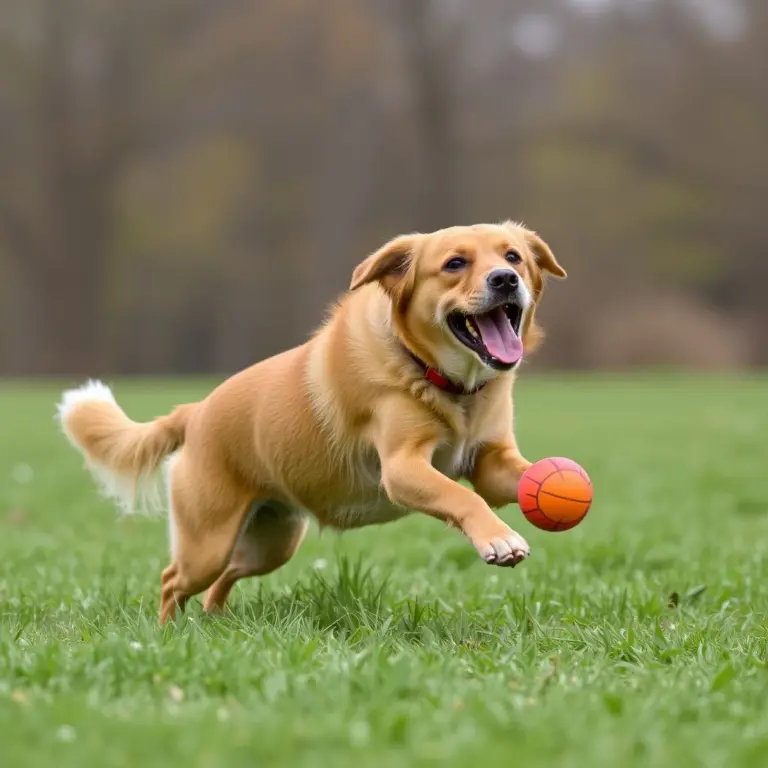 Golden retriever catching a ball in a field