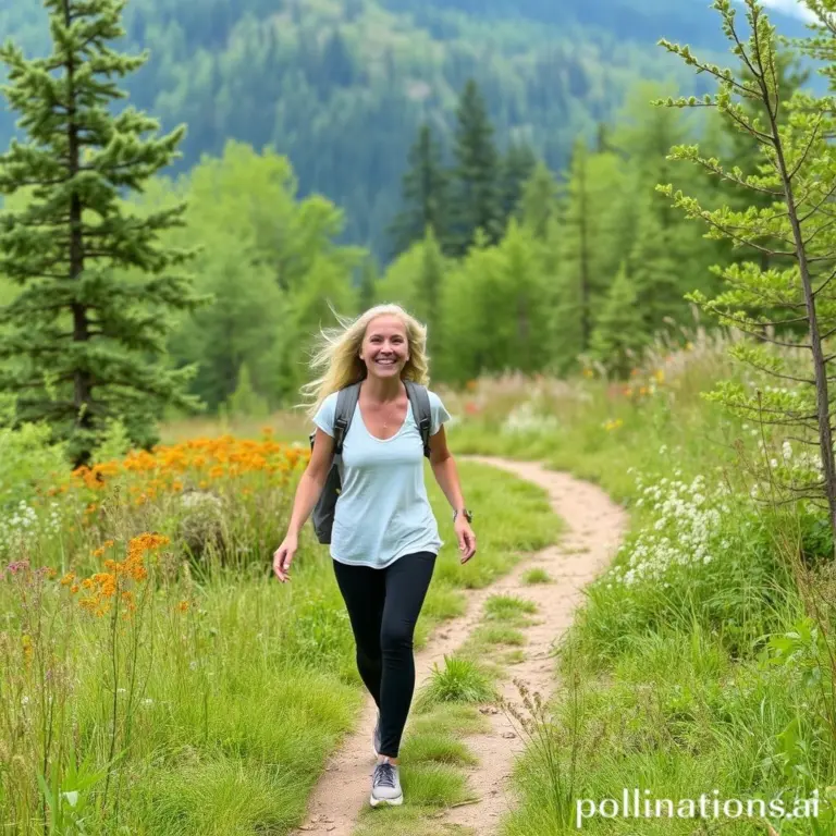 Person walking happily on a nature trail.
