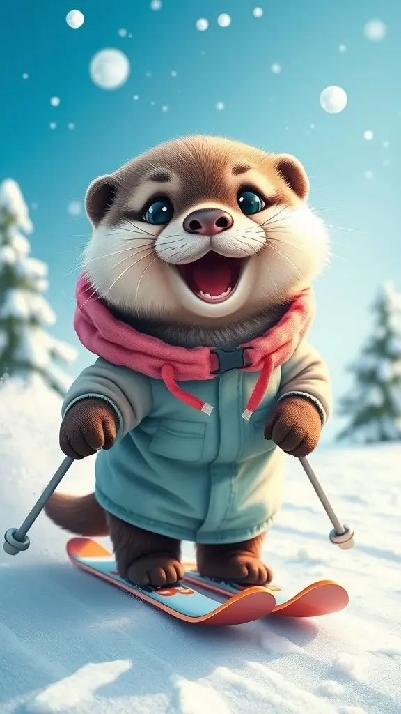 Baby otter skiing happily in a colorful ski suit.