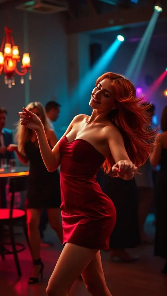 Red-haired secretary dancing happily, dress slipping.