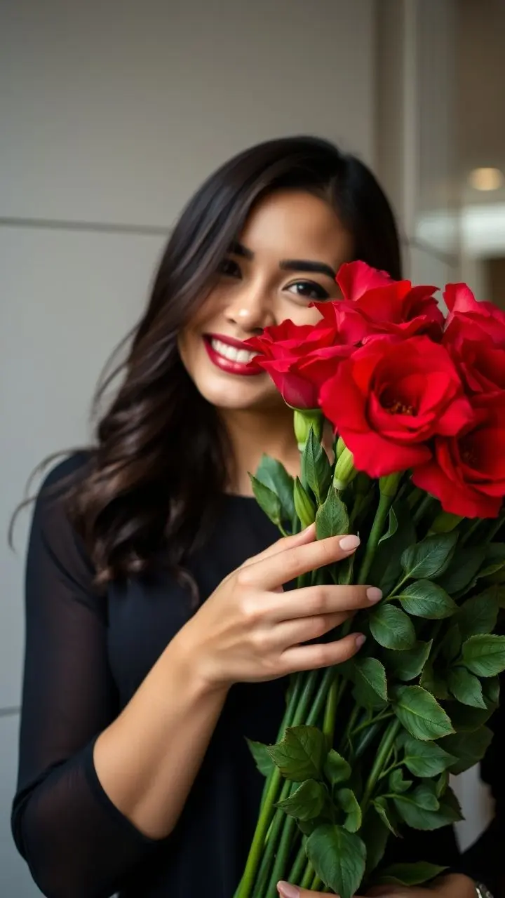 Woman with red lipstick and red flowers smiling at camera