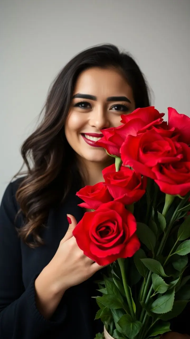 Smiling woman with red lipstick holding red flowers.