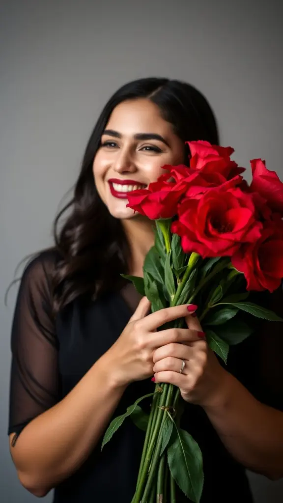 Woman smiling, wearing red lipstick, holding a large bouquet of red flowers.