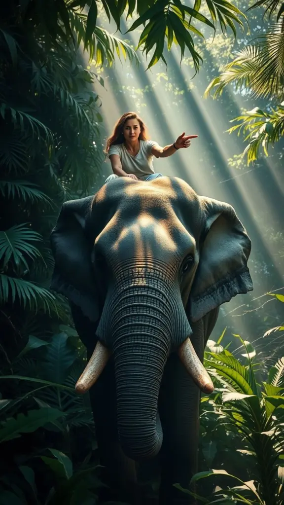 Lifelike elephant with rider in dense jungle, dappled light.