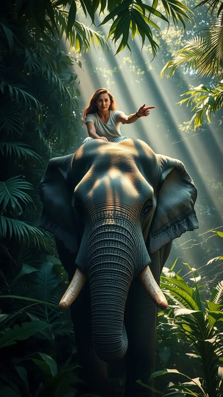 Lifelike elephant with rider in dense jungle, dappled light.