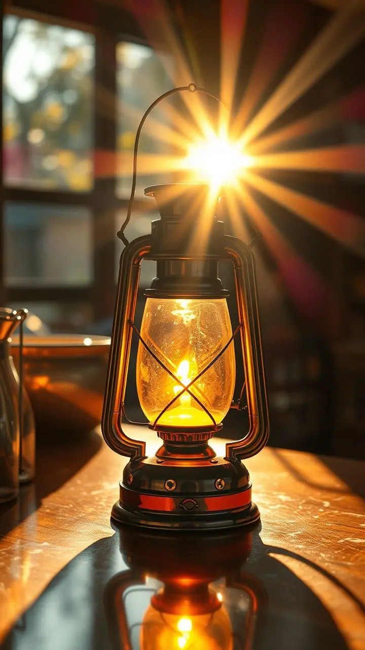 Oil lantern light and sunshine with futuristic elements and bent flares.