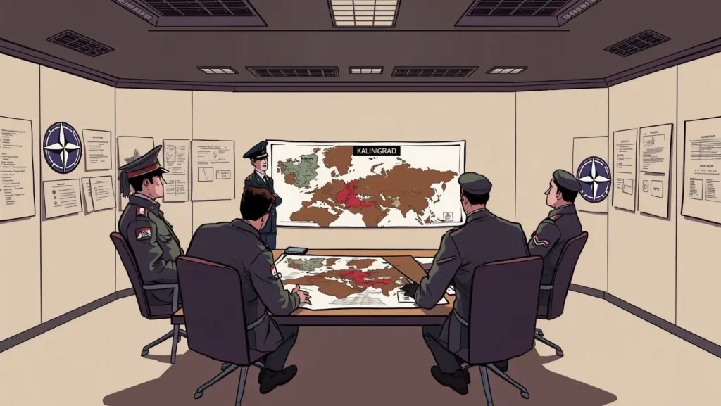 Military planners in a war room looking at a map of Kaliningrad.