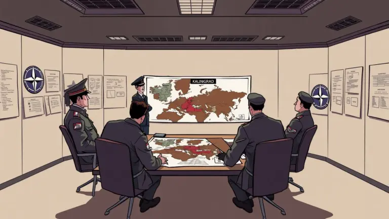 Military planners in a war room looking at a map of Kaliningrad.