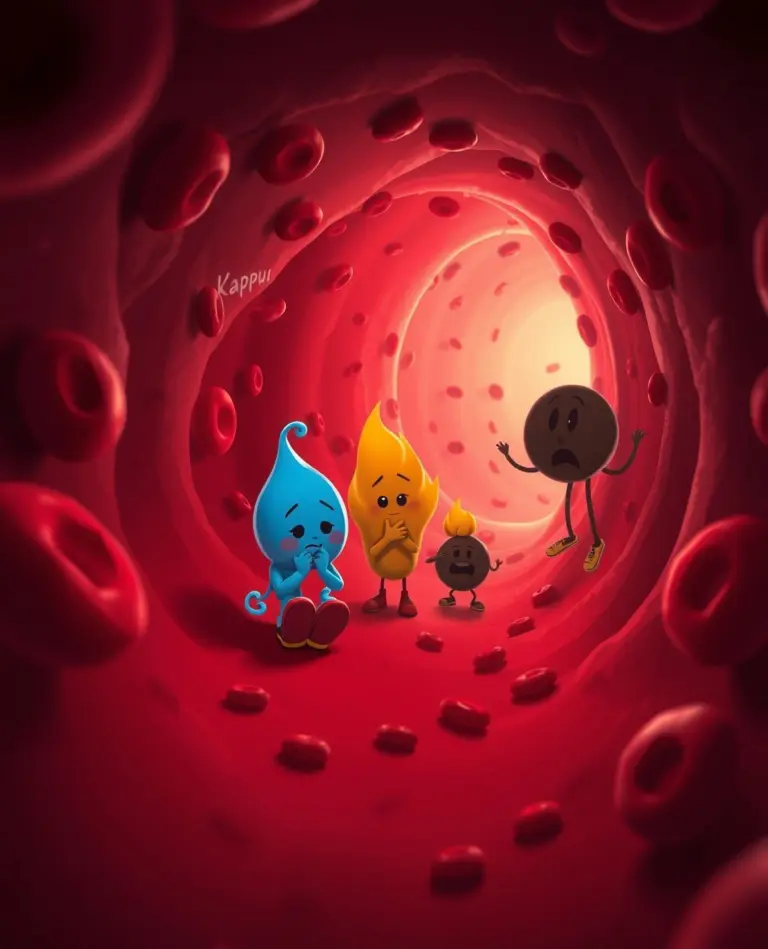 Cartoon characters Kappu, Pittu, and Vatu are weak inside a bloodstream.