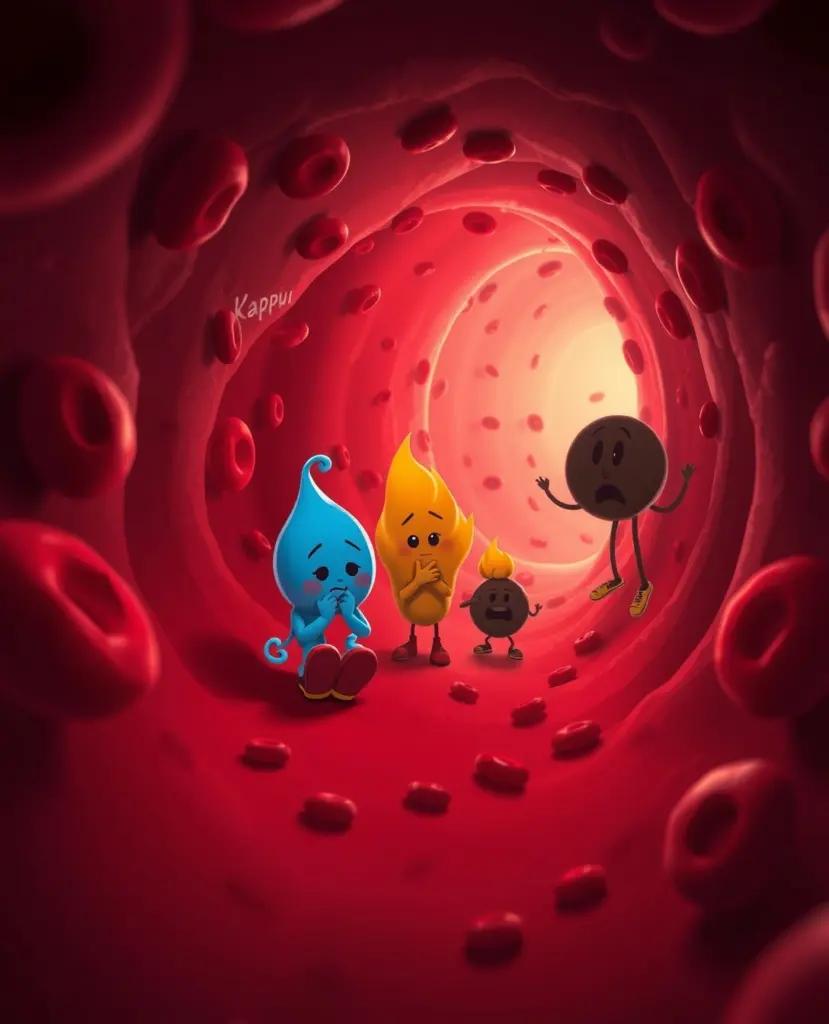 Cartoon characters Kappu, Pittu, and Vatu are weak inside a bloodstream.