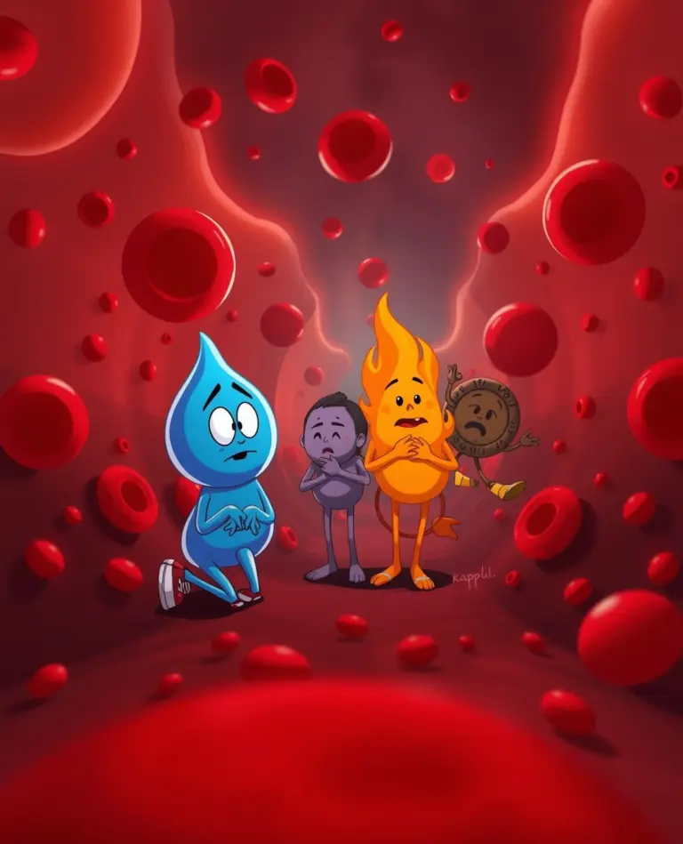 Cartoon characters Kappu, Pittu, and Vatu in a dim bloodstream tunnel.